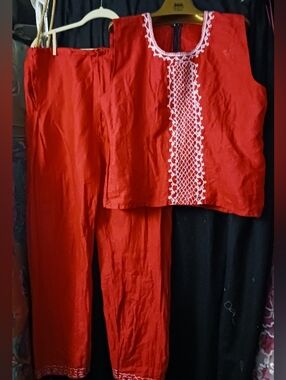 Women's Linen Red Embroidered Two-Piece Pants Set